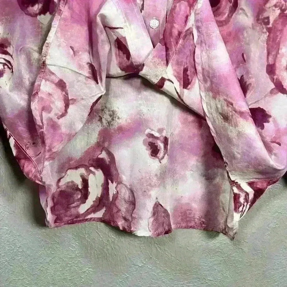 VINTAGE 90s 100% Pure Silk Pink Floral Button Up Blouse White Stitch Women Smal - Picture 8 of 11